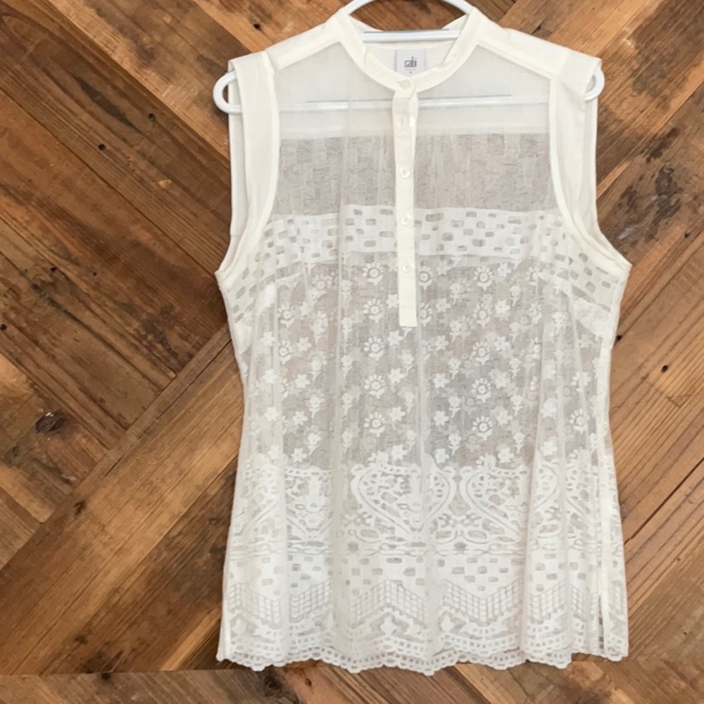 CAbi sleeveless lacy sheer blouse.